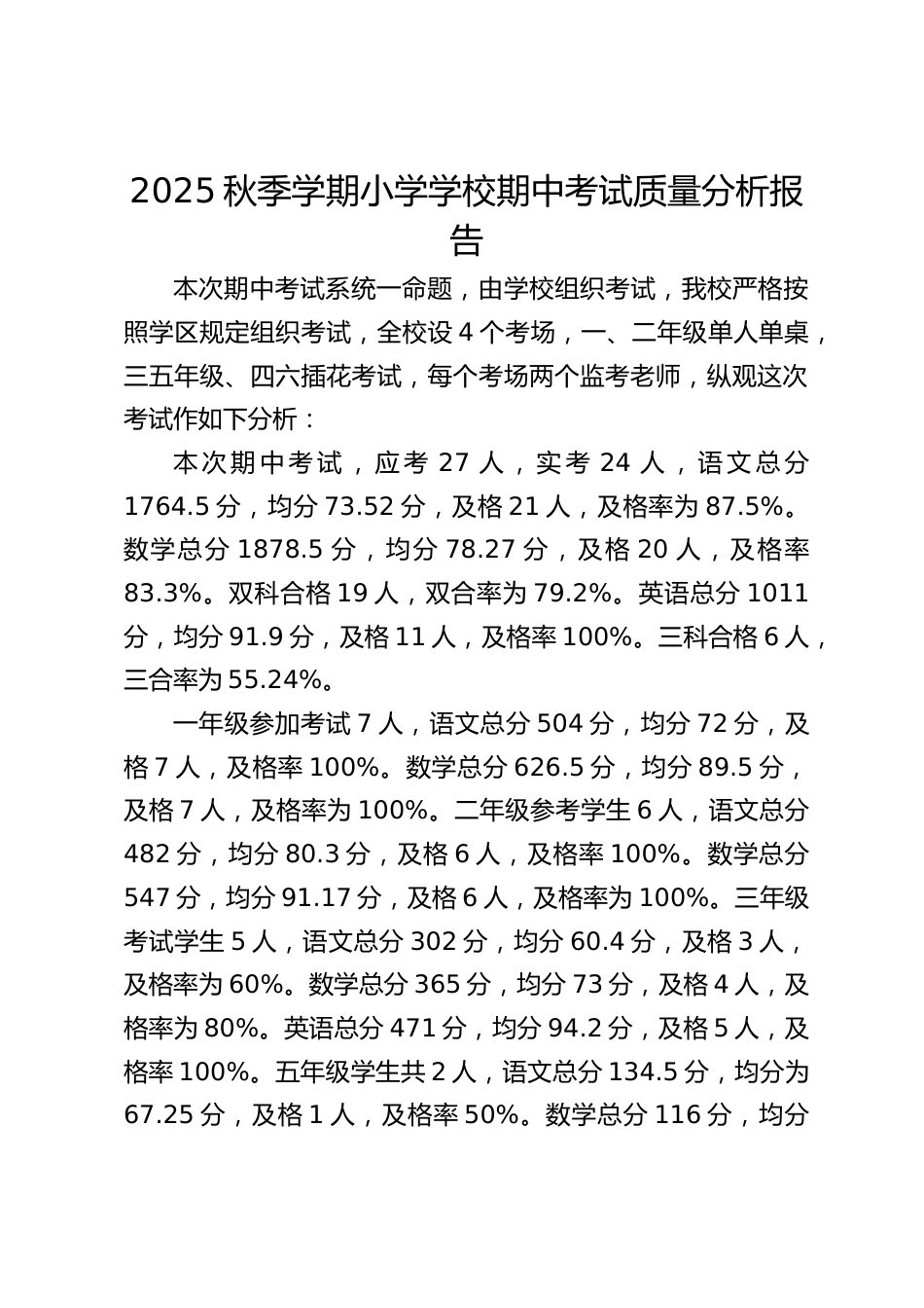 2025秋季学期小学学校期中考试质量分析报告_第1页