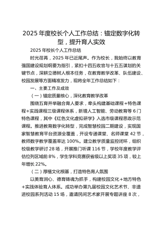 2025年度校长个人工作总结：锚定数字化转型，提升育人实效