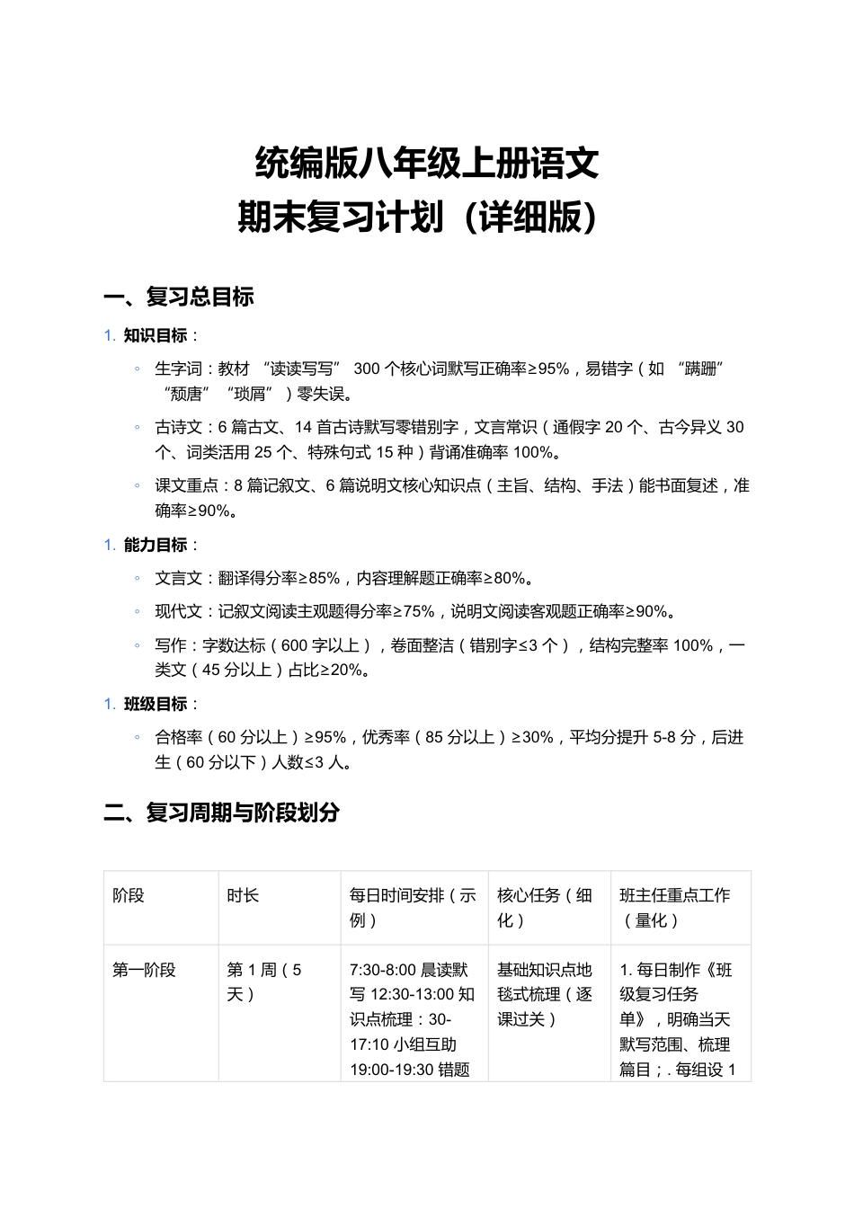 统编版八年级上册语文期末复习计划(详细版)_第1页