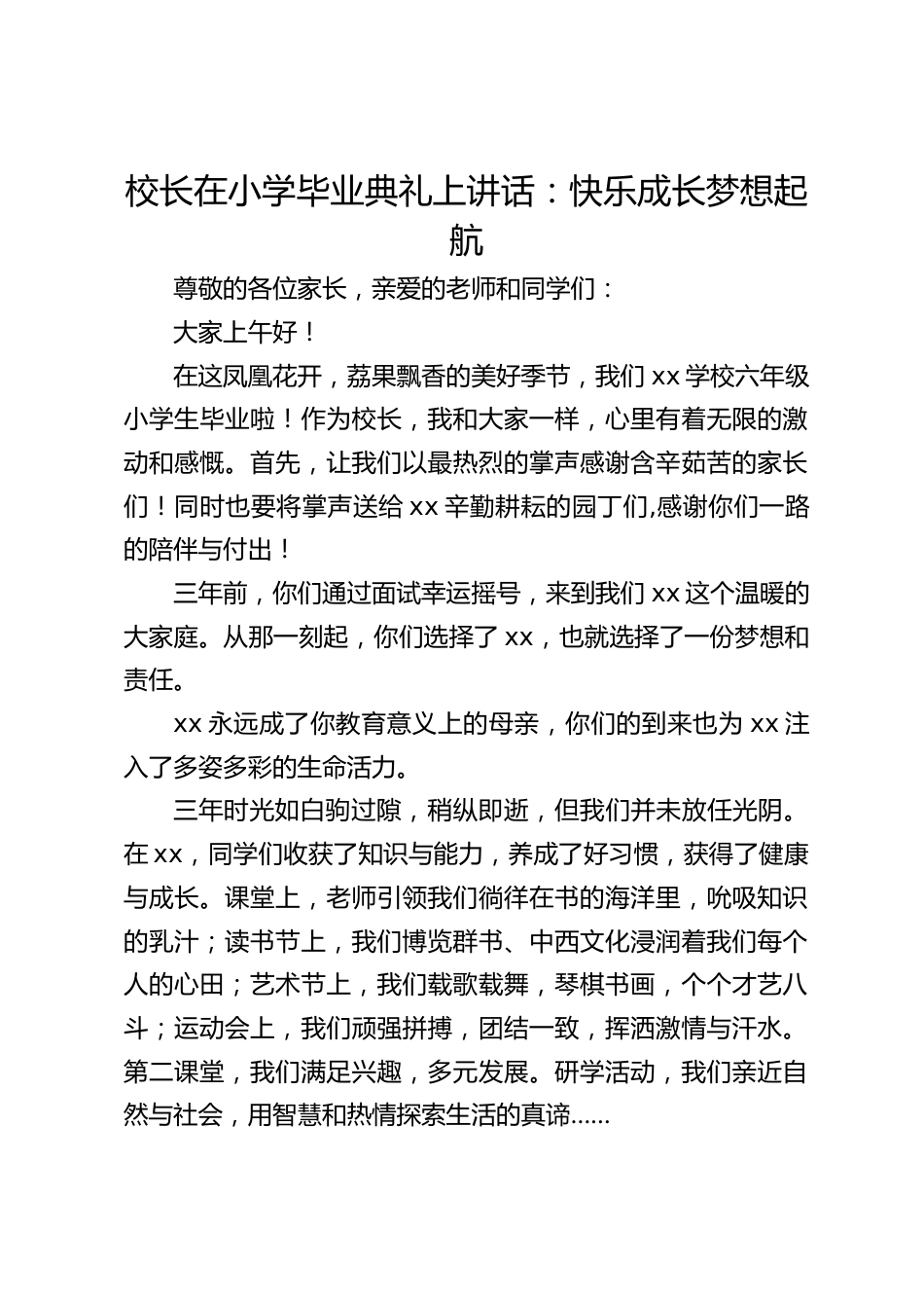 校长在小学毕业典礼上讲话:快乐成长梦想起航_第1页