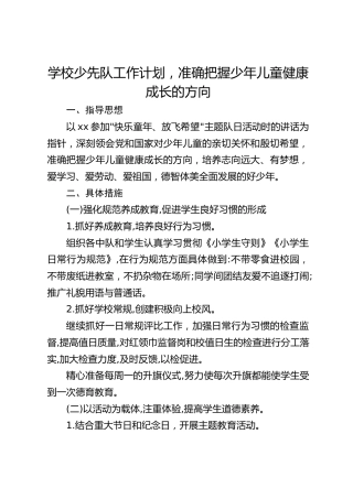 学校少先队工作计划，准确把握少年儿童健康成长的方向