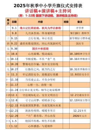 2025-2026第一学期升旗仪式主题安排表（二）完整版