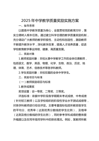 2025年中学教学质量奖励实施方案