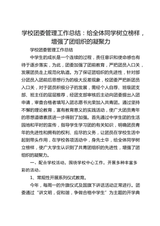 学校团委管理工作总结：给全体同学树立榜样，增强了团组织的凝聚力