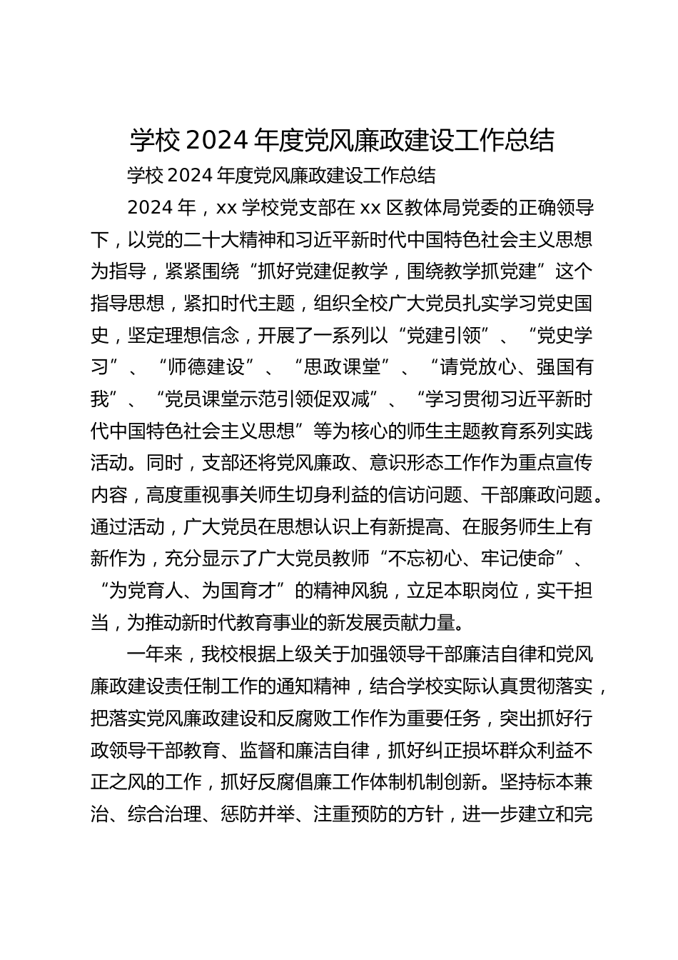学校2024年度党风廉政建设工作总结_第1页