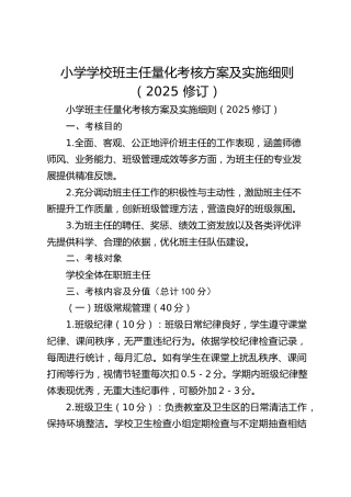 小学学校班主任量化考核方案及实施细则（2025 修订）