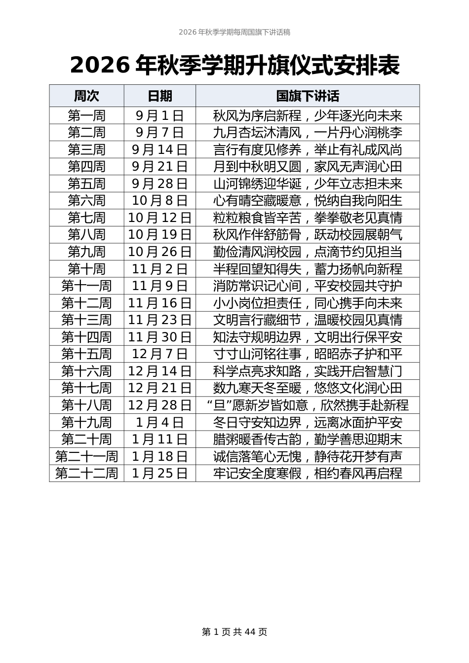2026年秋季学期每周国旗下讲话稿(22周完整版)_第1页