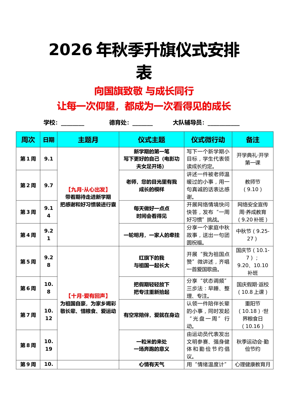 2026年秋季学期升旗仪式安排表+演讲稿:让每一次仰望,都成为一次看得见的成长_第1页