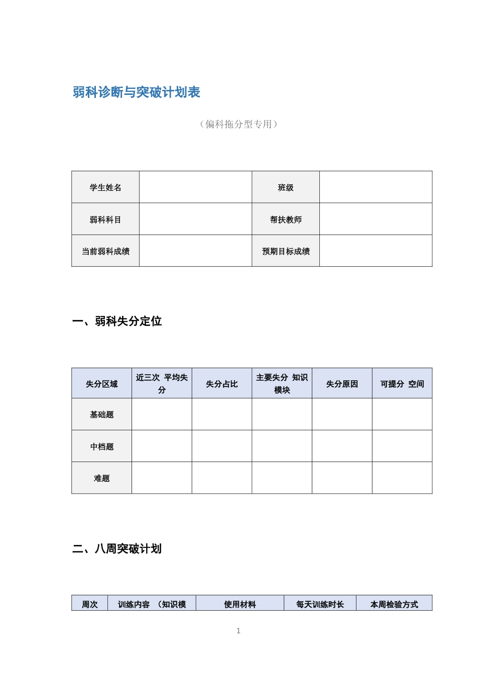 弱科诊断与突破计划表_第1页