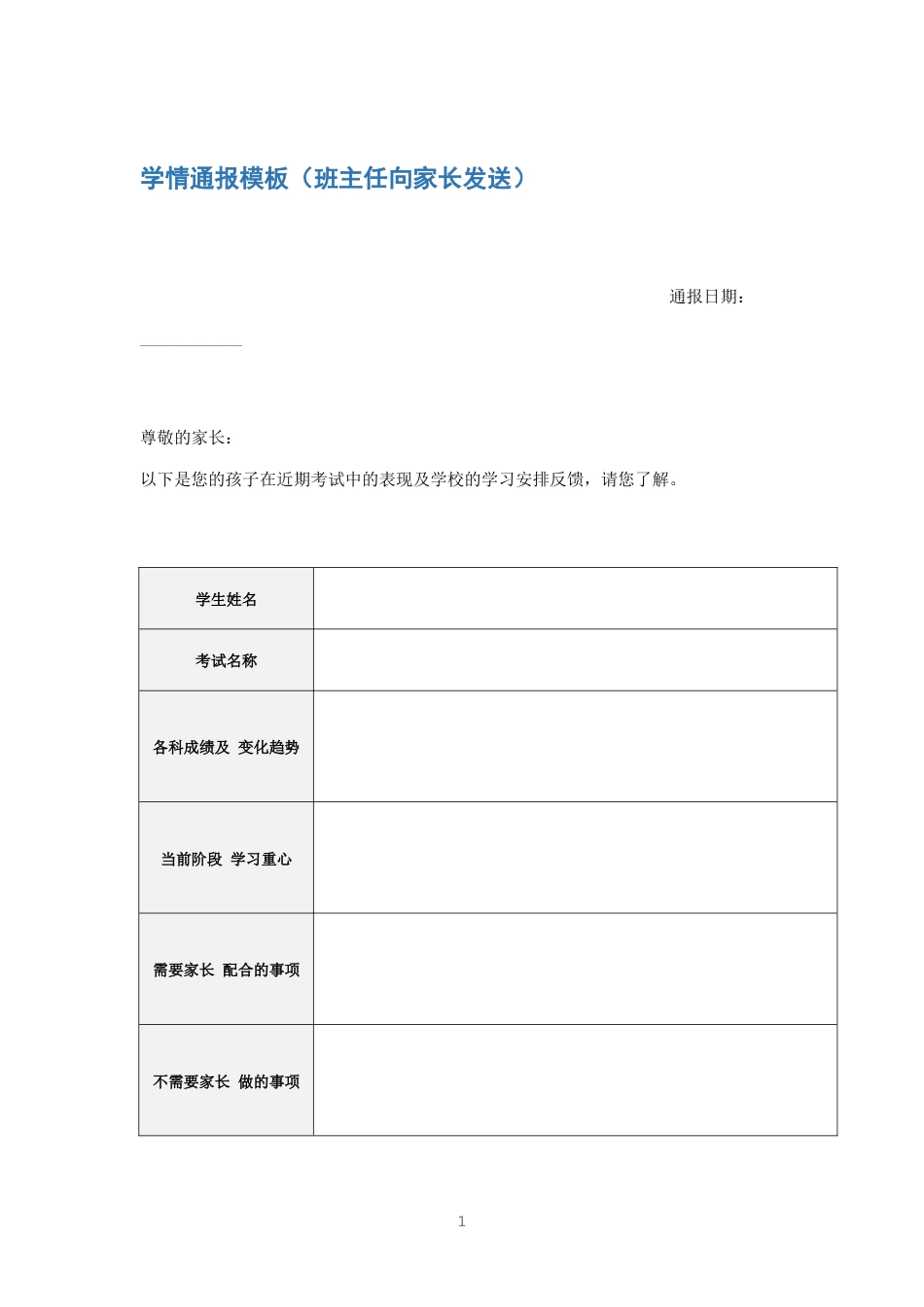 学情通报模板(班主任向家长发送)_第1页