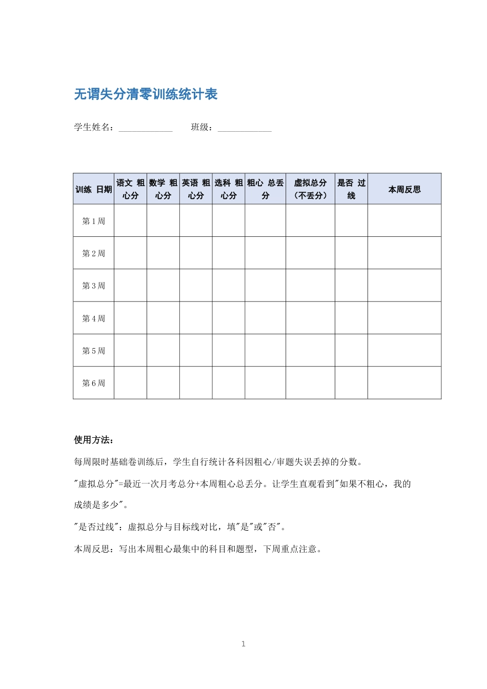 无谓失分清零训练统计表_第1页