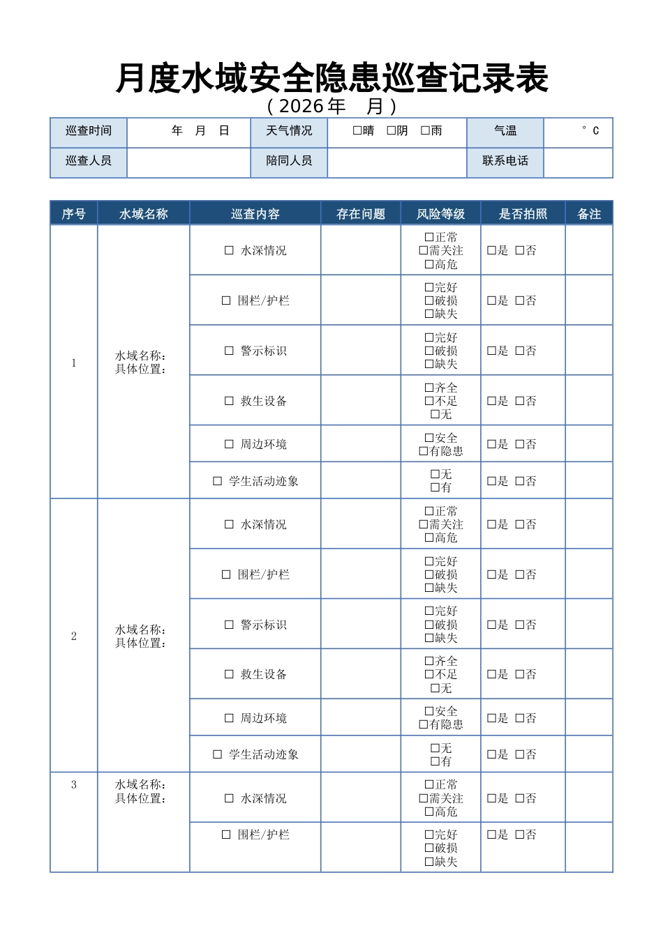 月度水域安全隐患巡查记录表_第1页