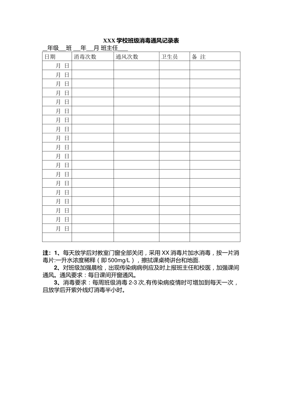 XXX学校班级消毒通风记录表_第1页