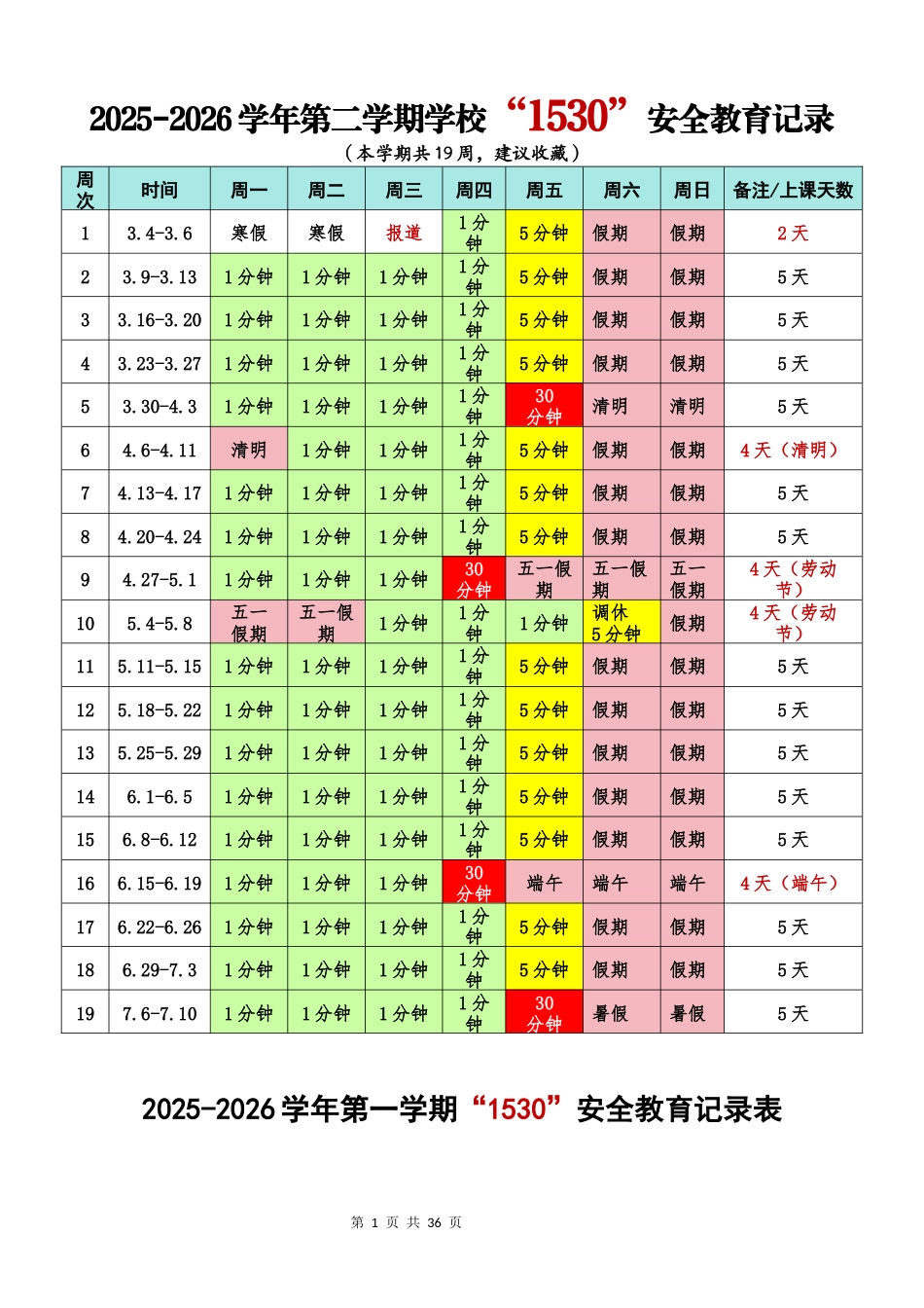2025-2026学年第二学期学校“1530”安全教育记录_第1页