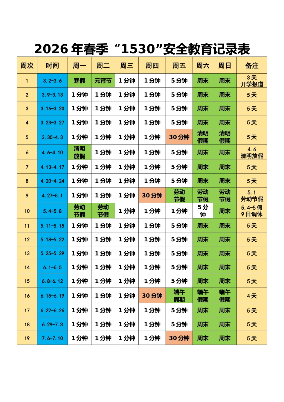 2026年春季学期中小学1530安全教育记录(第二版)_第1页