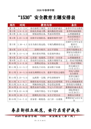 2026年春季学期“1530”安全教育主题安排表（第二版）