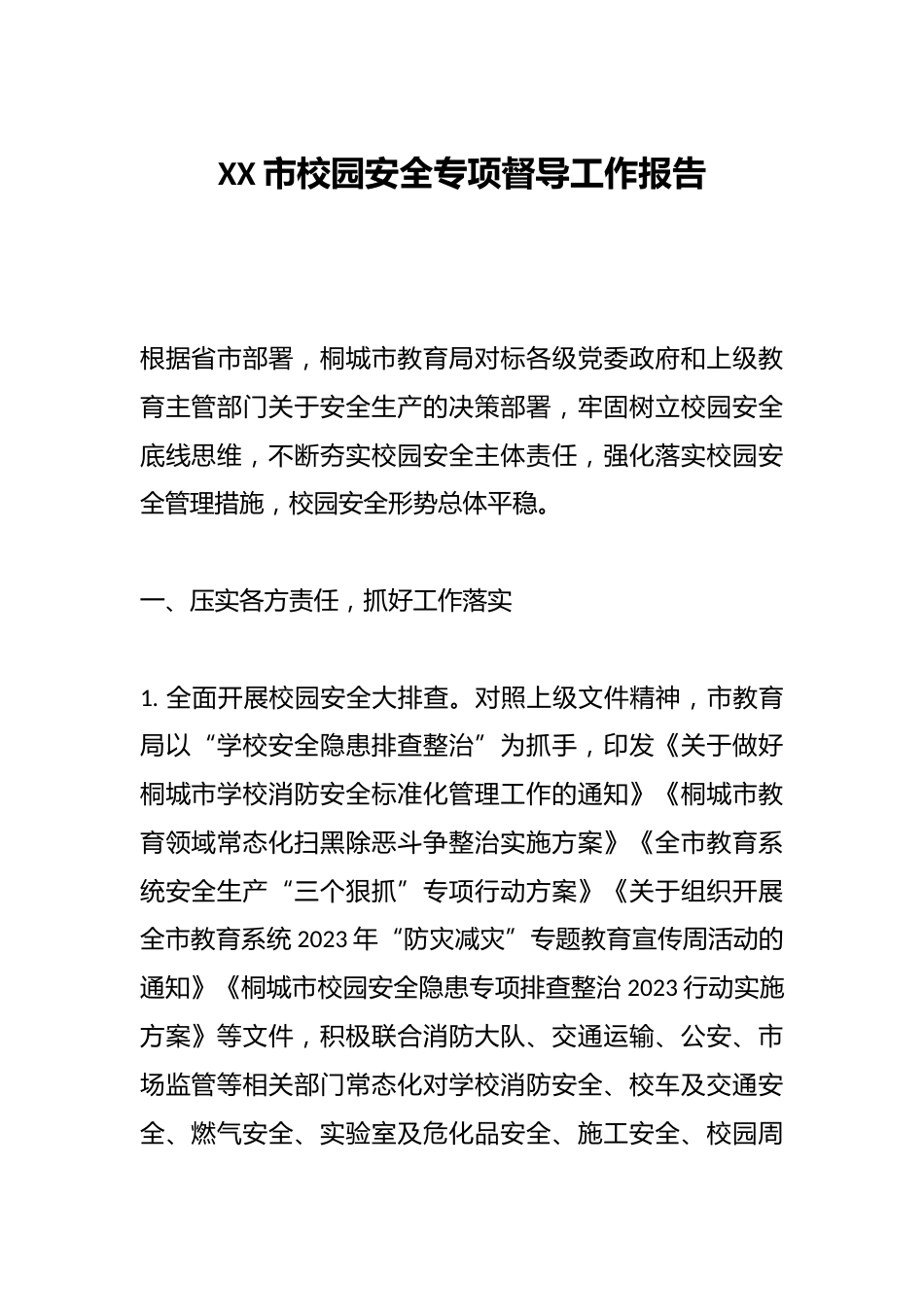 XX市校园安全专项督导工作报告_第1页