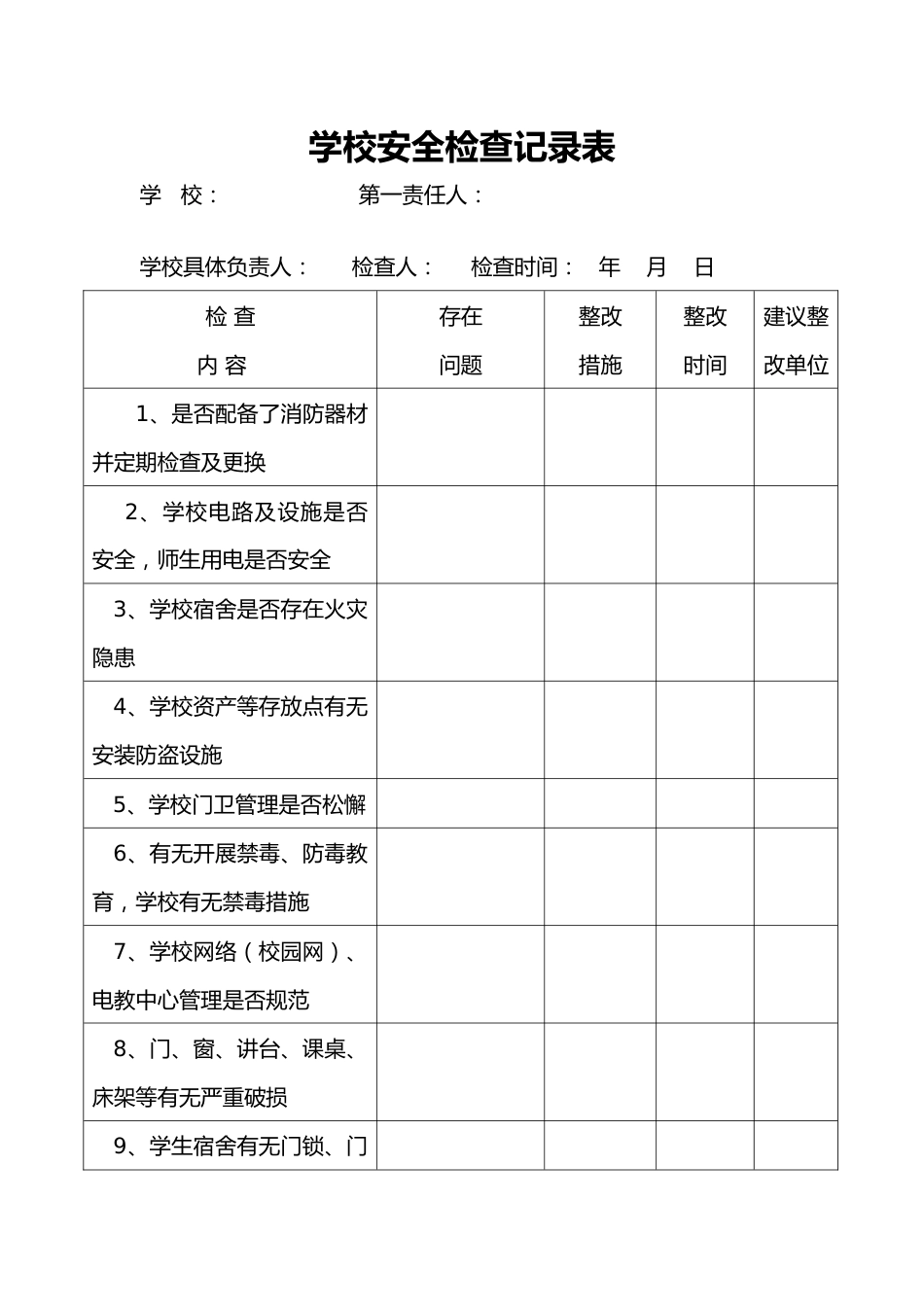 学校安全检查记录表_第1页