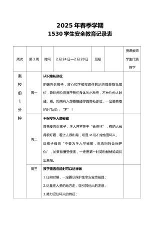 2025年春季第3周“1530”学生安全教育记录表