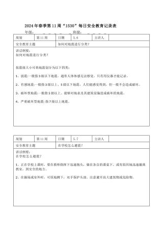 2025年春季第11周“1530”每日安全教育记录表内容资料参考