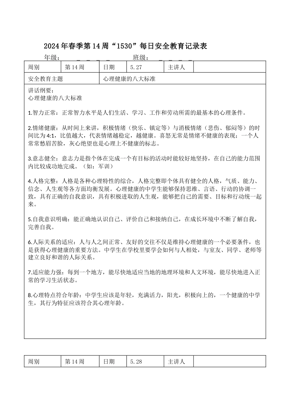 2025年春季第14周“1530”每日安全教育记录表内容资料参考_第1页