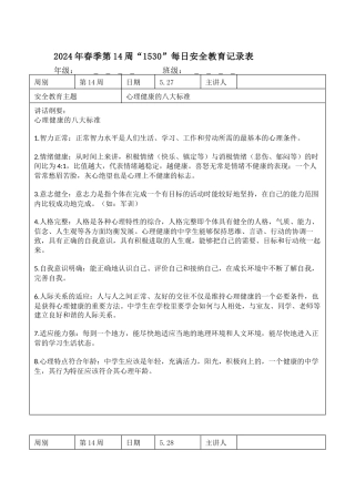 2025年春季第14周“1530”每日安全教育记录表内容资料参考