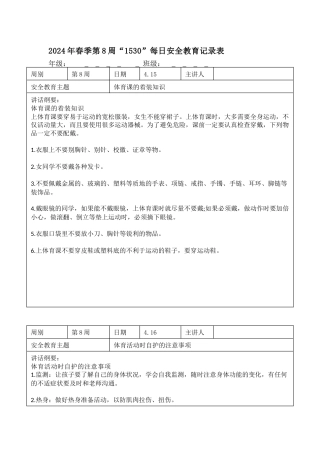 2025年春季第8周“1530”每日安全教育记录表内容资料参考