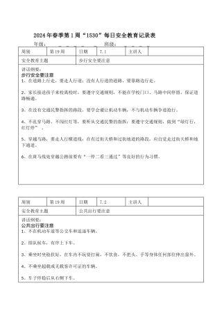 2025年春季第19周“1530”每日安全教育记录表内容资料参考