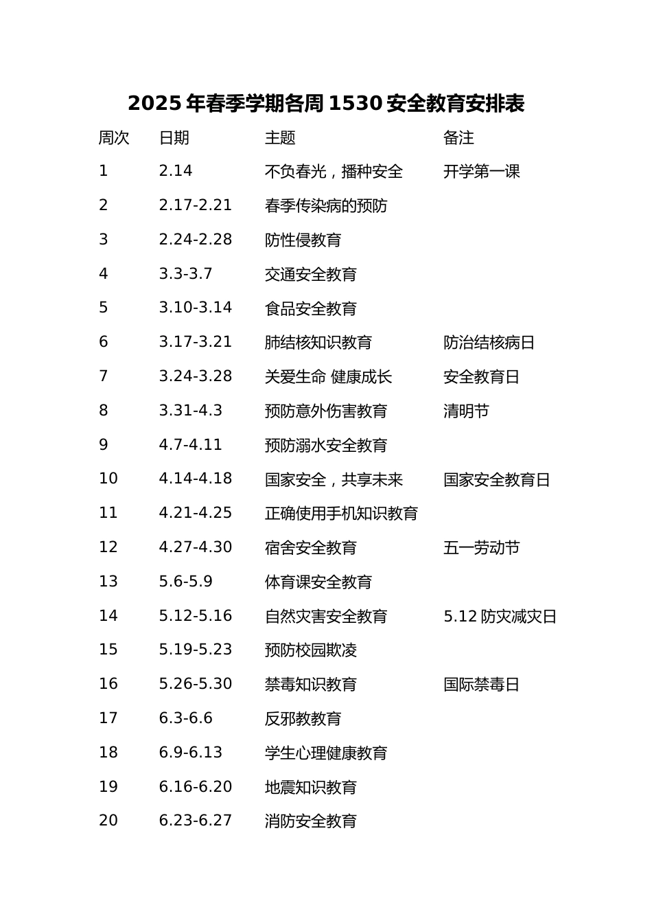 2025年春季学期各周1530安全教育安排表_第1页