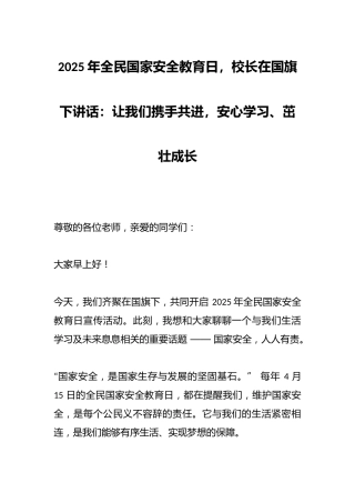 2025年全民国家安全教育日，校长在国旗下讲话：让我们携手共进，安心学习、茁壮成长