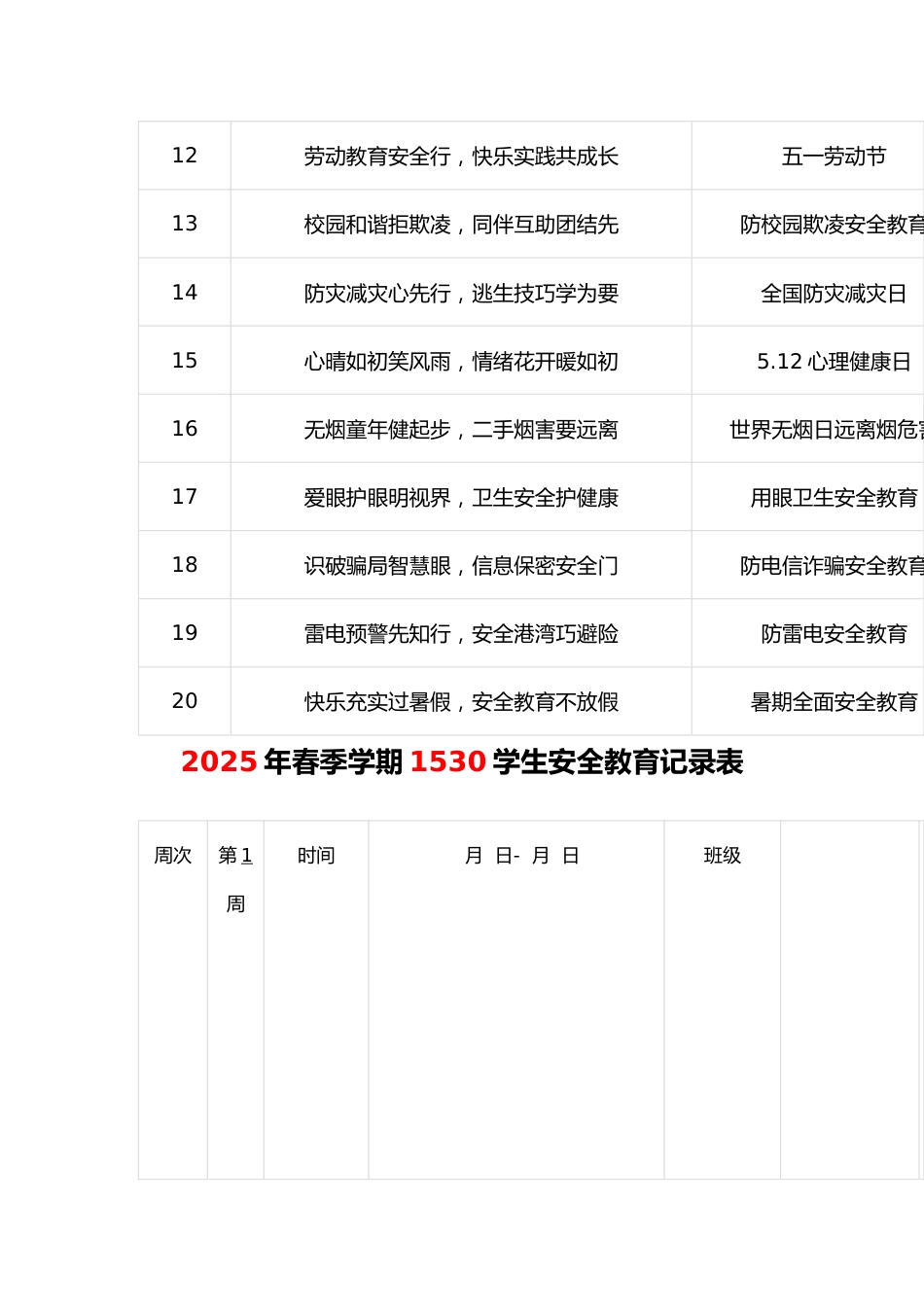 2025年春季学期1530学生安全教育记录表(精选)_第2页
