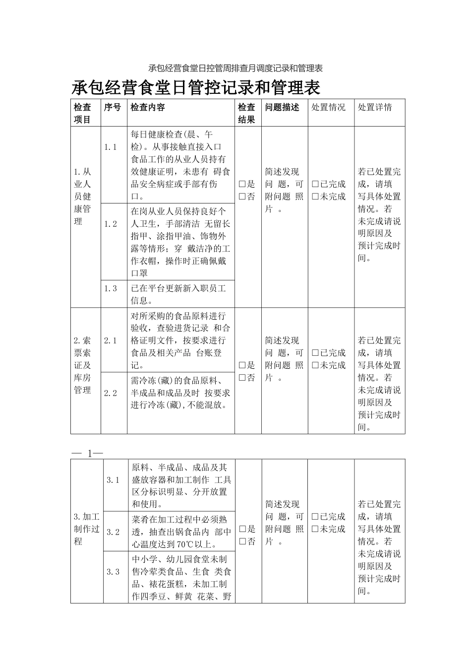 承包经营食堂日控管周排查月调度记录和管理表_第1页