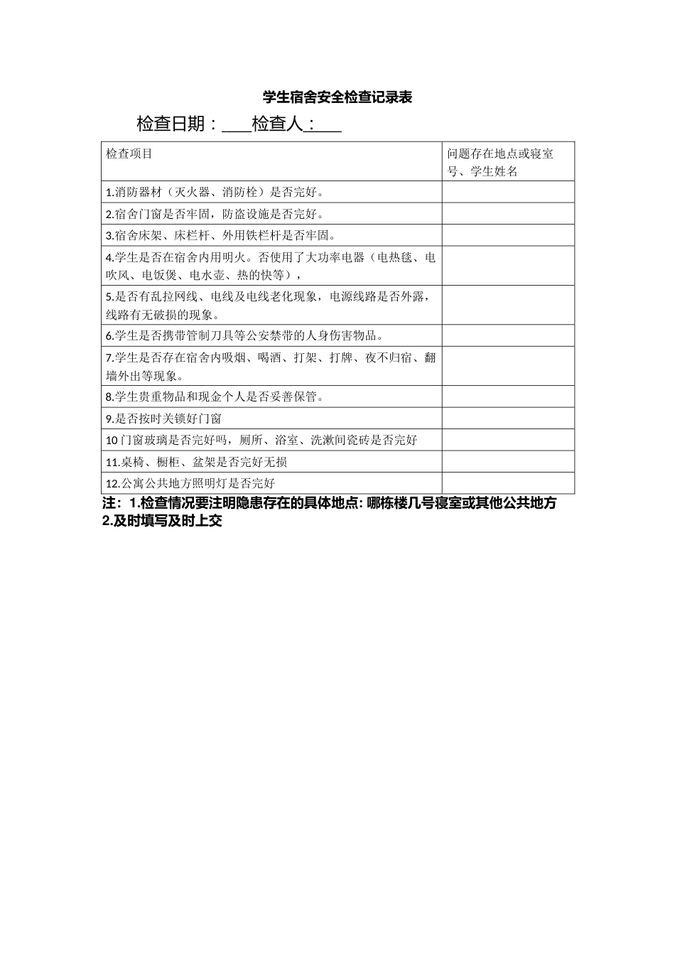 学生宿舍安全检查记录表_第1页