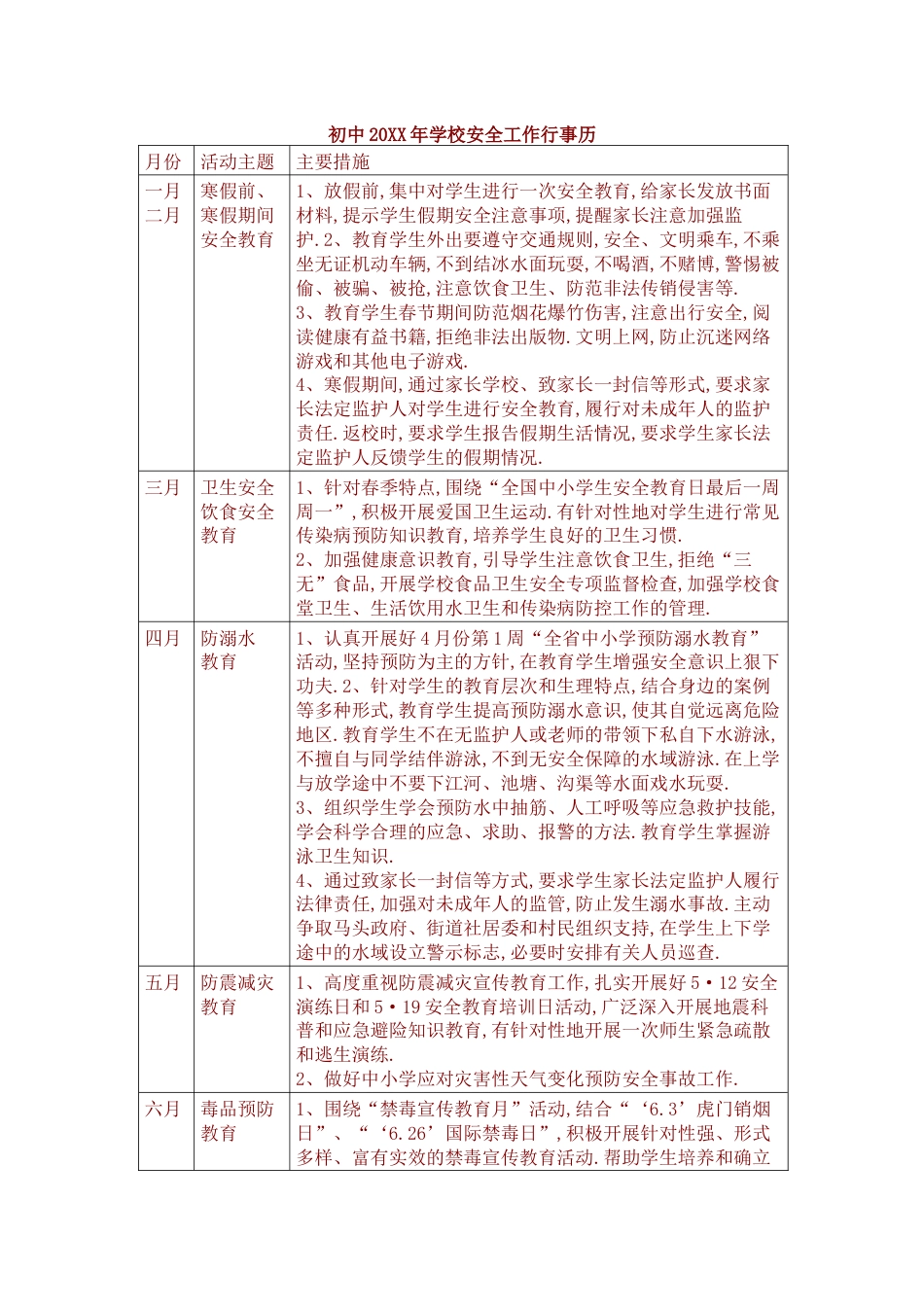 初中20XX年学校安全工作行事历_第1页