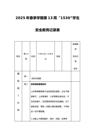 2025年春季学期第13周“1530”学生安全教育记录表