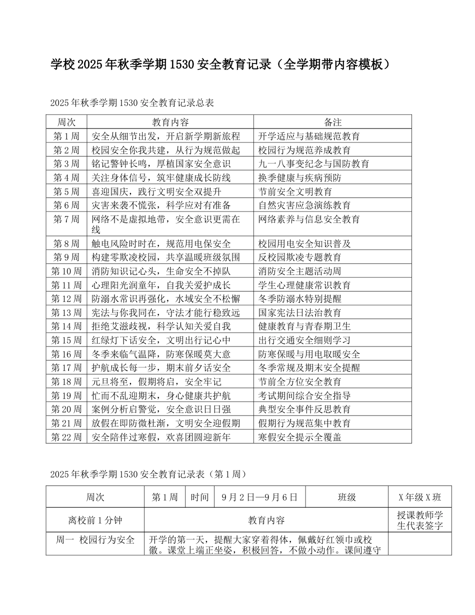 学校2025年秋季学期1530安全教育记录(全学期带内容模板)_第1页