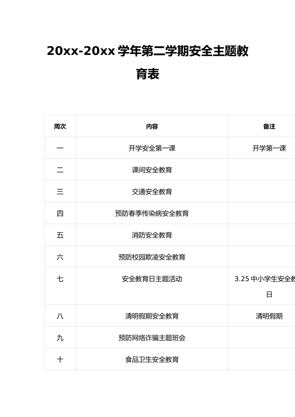 20xx-20xx学年第二学期安全主题教育表_第1页