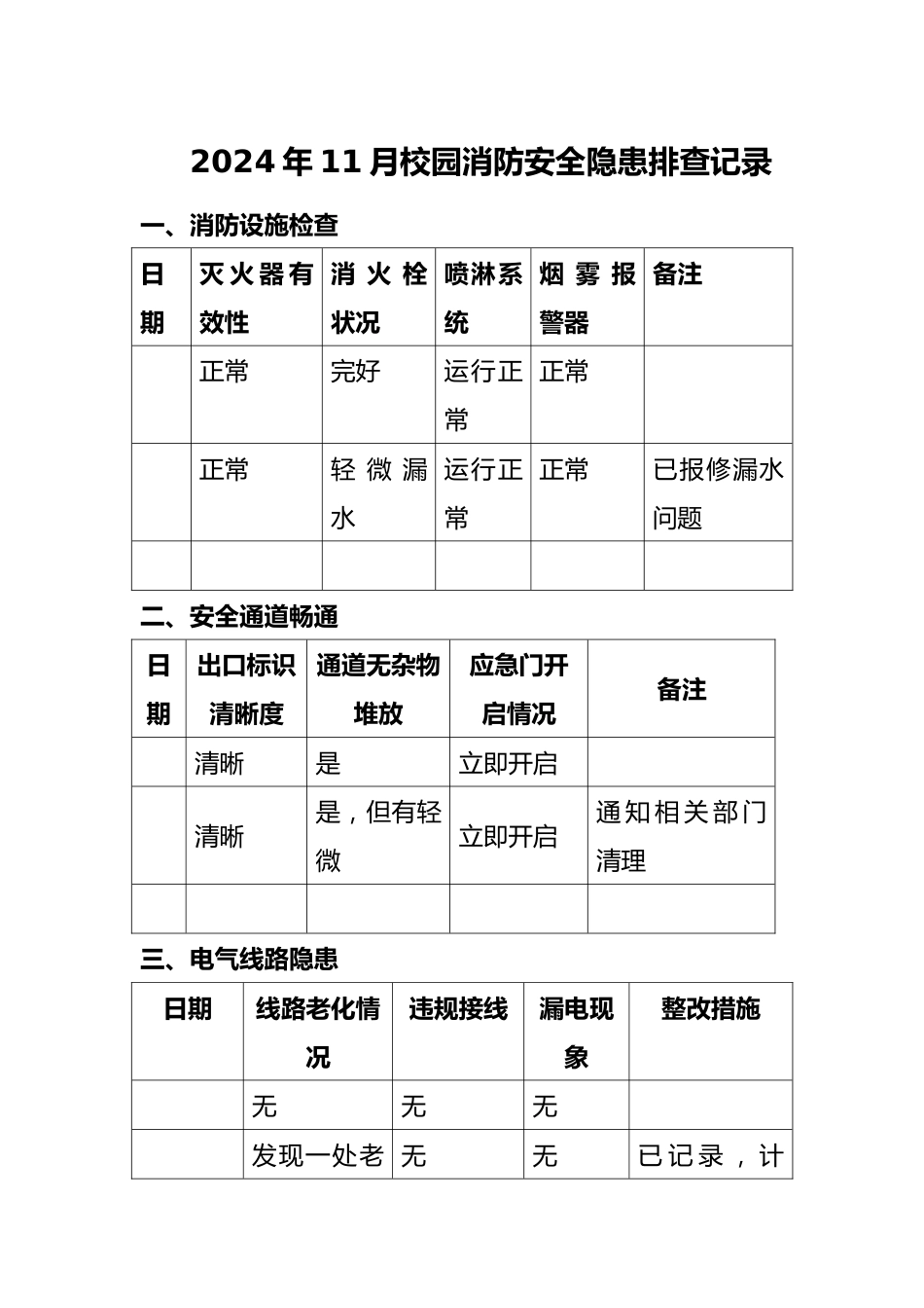 2024年11月校园消防安全隐患排查记录_第1页