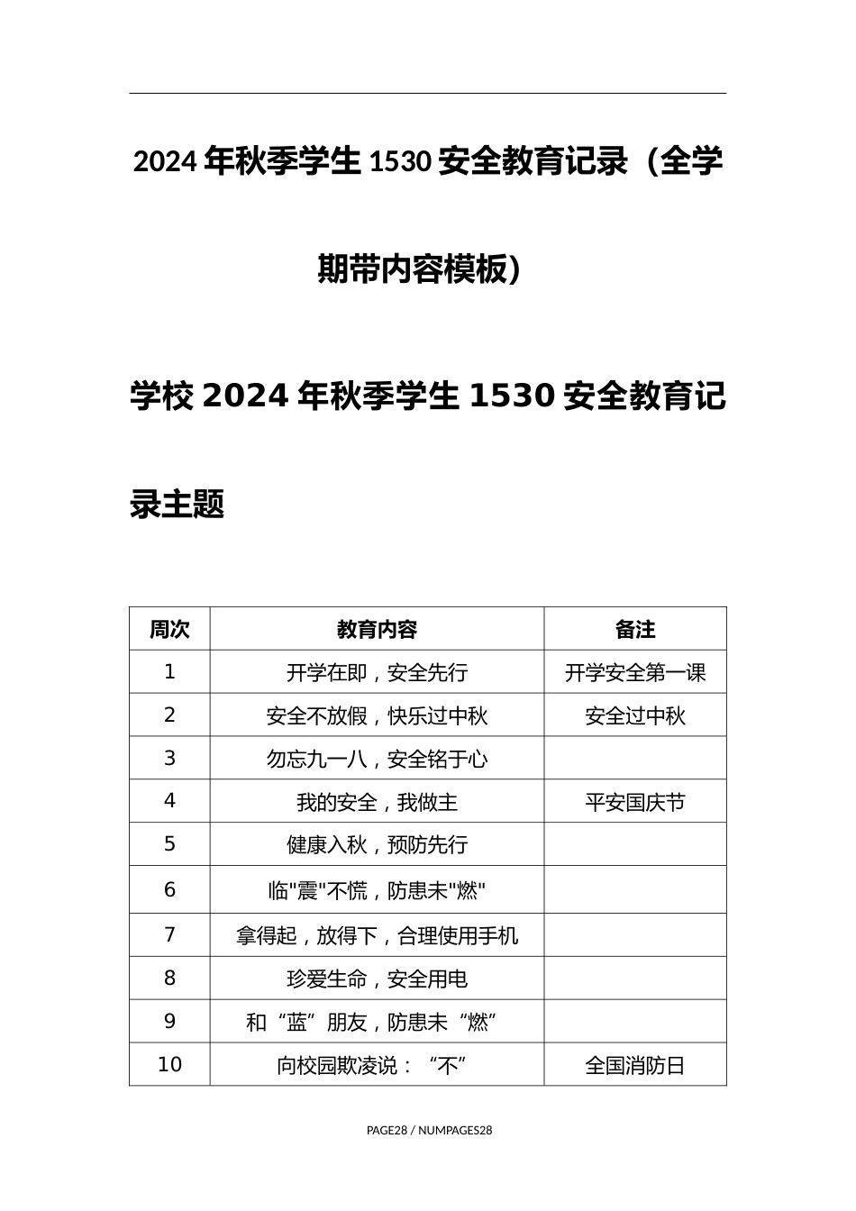 2024年秋季学生1530安全教育记录(全学期带内容模板)_第1页