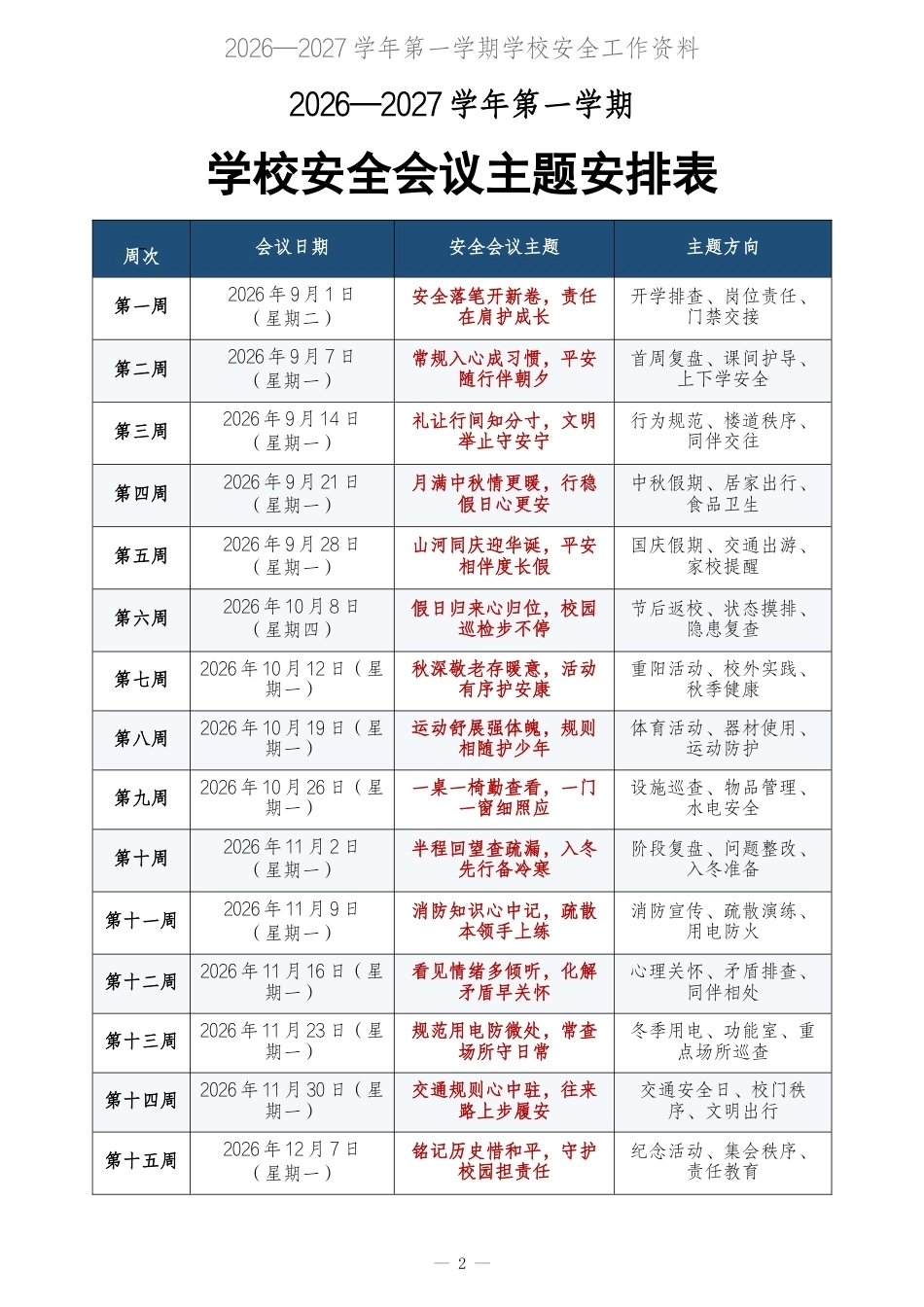 2026-2027学年第一学期学校安全会议主题安排表及会议记录汇编_第2页