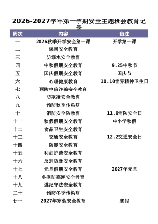 2026-2027第一学期中小学安全主题教育安排表