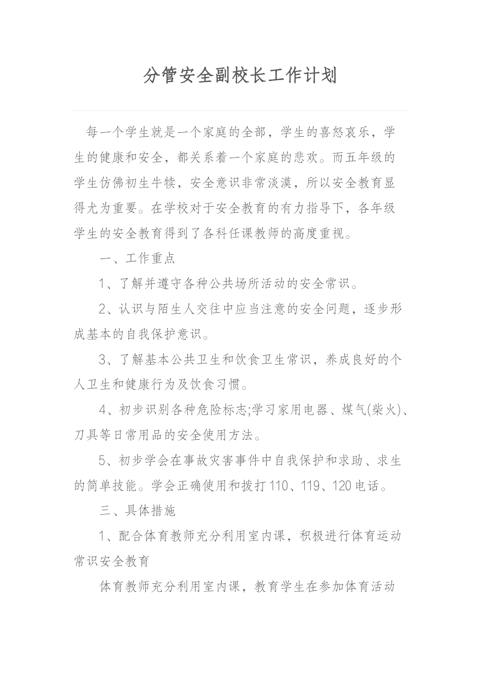 分管安全副校长工作计划_第1页