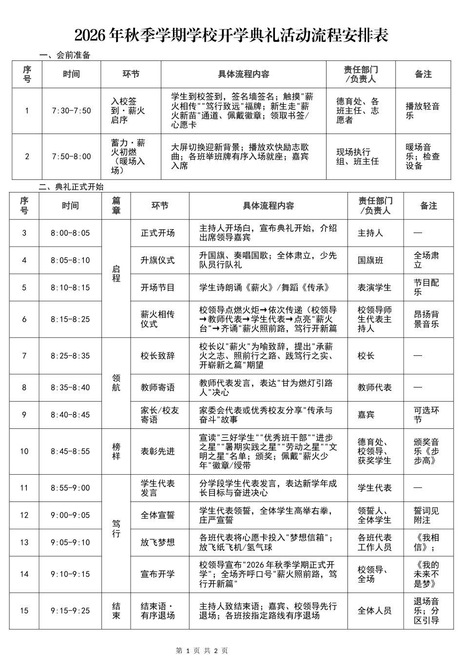 2026年秋季学期学校开学典礼活动流程安排表_第1页