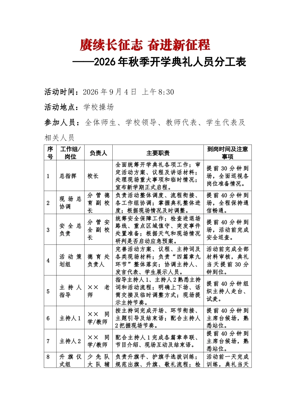 赓续长征志 奋进新征程——2026年秋季学期开学典礼人员分工表_第1页