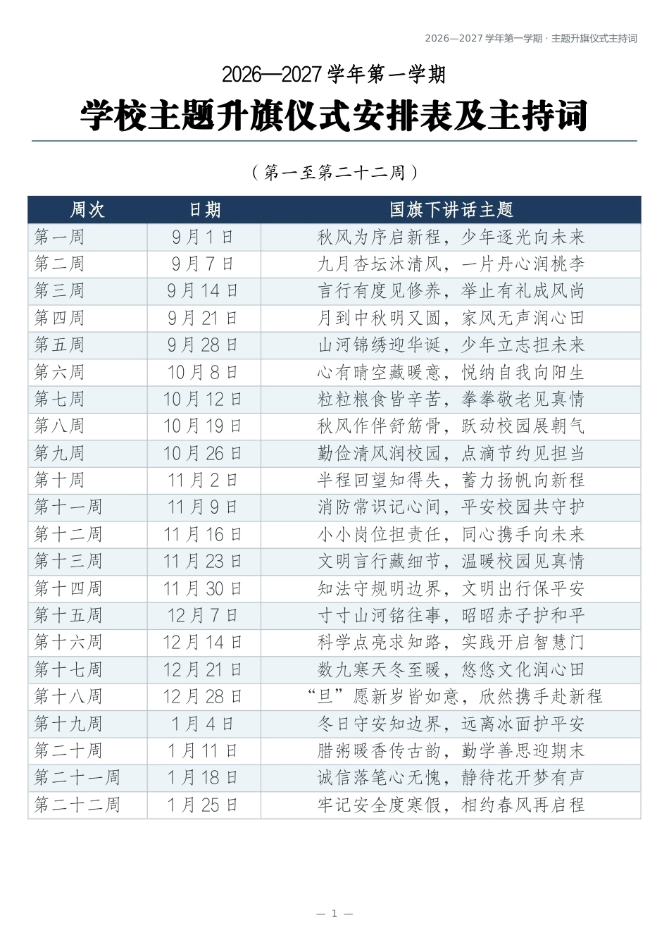 2026年秋季学期升旗仪式安排表及主持词 (22周)_第1页
