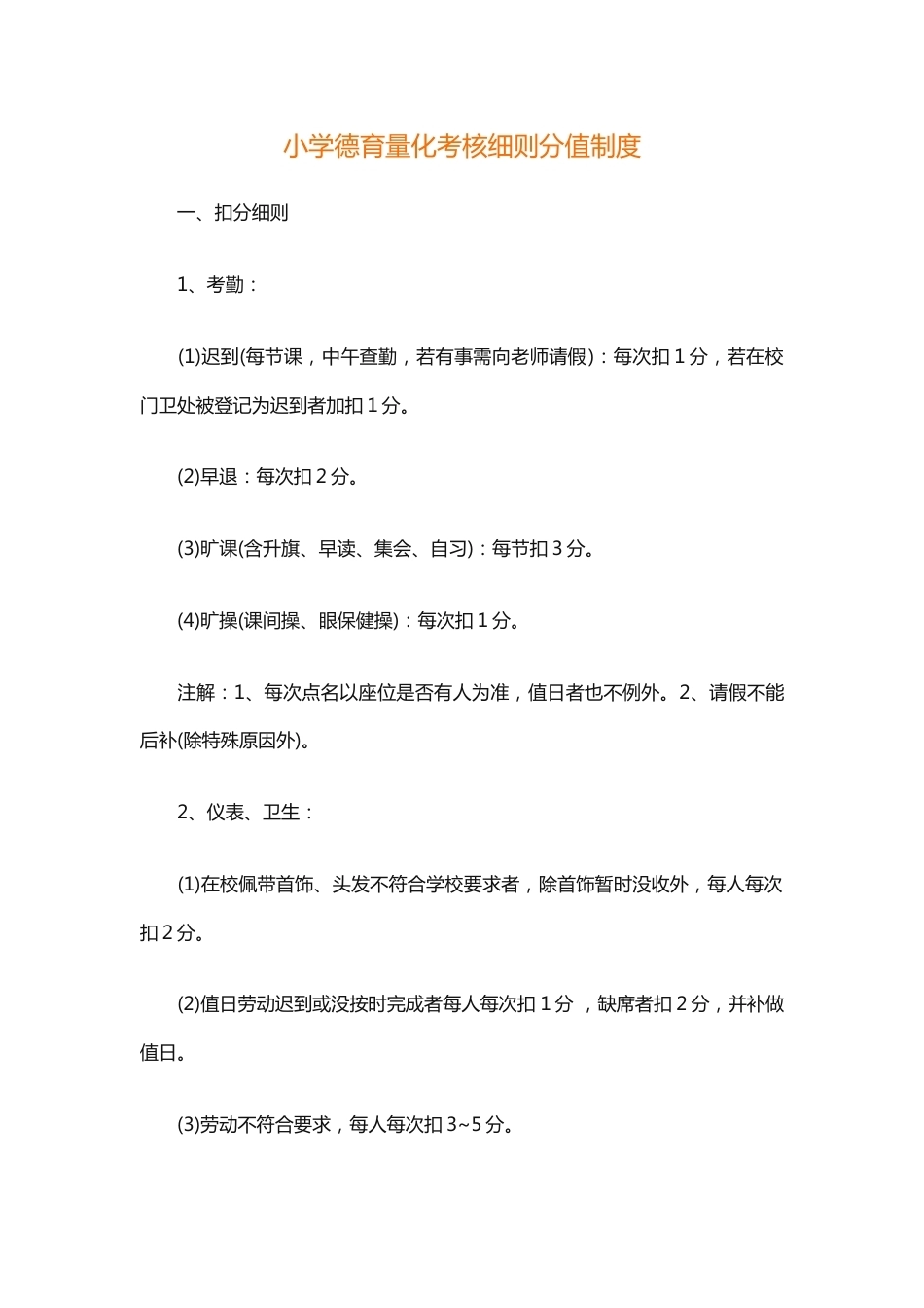 小学德育量化考核细则分值制度_第1页