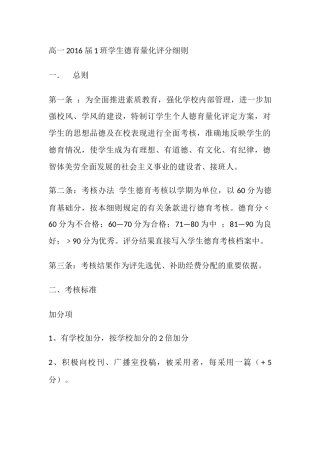 高一2016 届1班学生德育量化评分细则