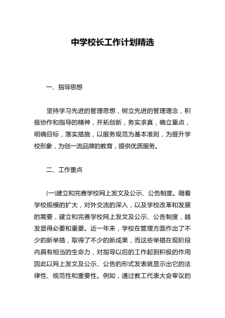 中学校长工作计划精选
