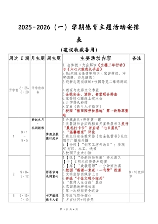 2025-2026（一）秋季第一学期德育活动安排表
