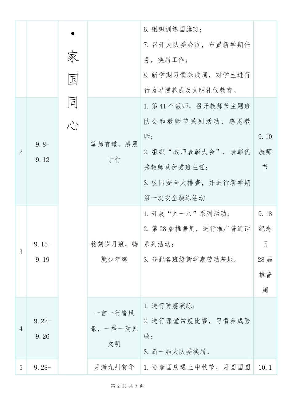 2025-2026学年第一学期德育主题活动安排表:立德润心启新程,行稳致远育未来_第2页